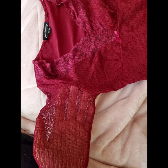 Vintage Ann Ferriday Maroon Pull Over Lace / Mesh / Stretch / Fairy Blouse - Picture 4 of 10